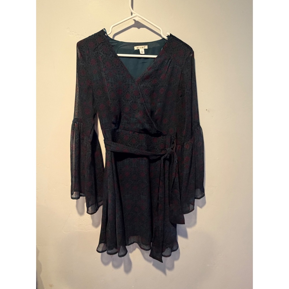 Miami Balley Teal Floral Chiffon Wrap Mini Dress Bell Sleeve Boho Burgundy L
